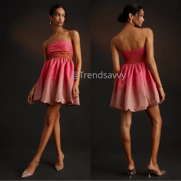 ANTHROPOLOGIE Ombre Bubble Strapless Mini Dress Smocked Pink Vineet Bahl 6 NWT